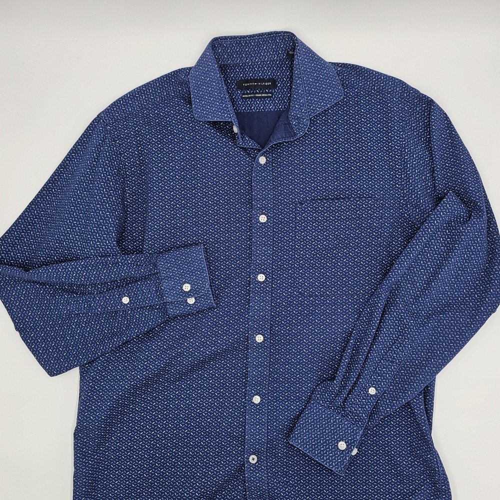 Tommy Hilfiger Men's Regular Fit Dress Shirt‎ Blue Mini Print Size 15.5 34/35 M